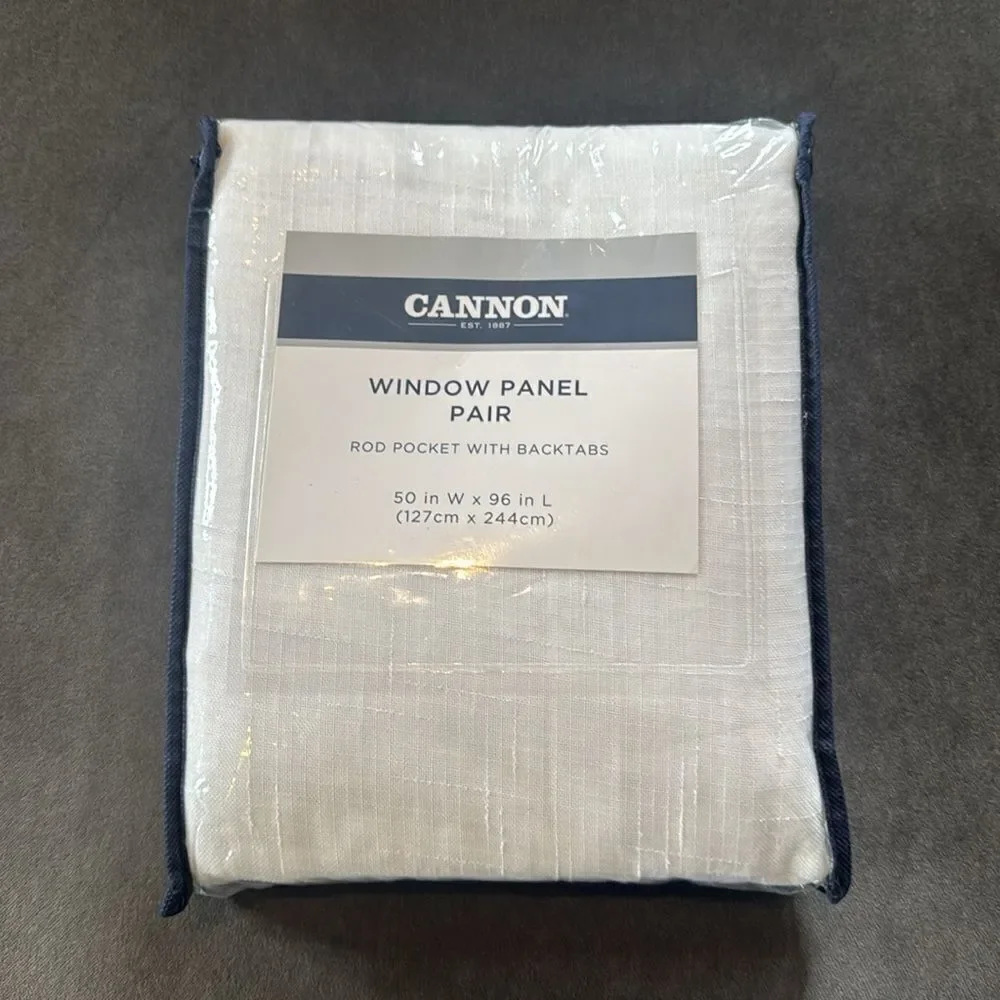 Cannon Curtains White Window Panel Pair Rod Pocket Back Tabs 50”W x 96”L NEW